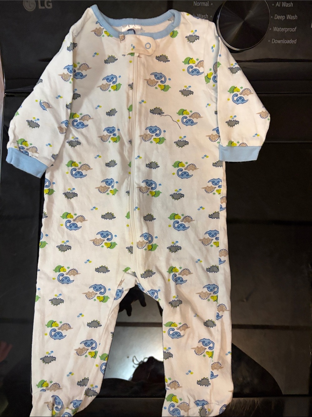 Gerber White Footed One-Piece with Blue, Green and Gray Dinosaur Print
